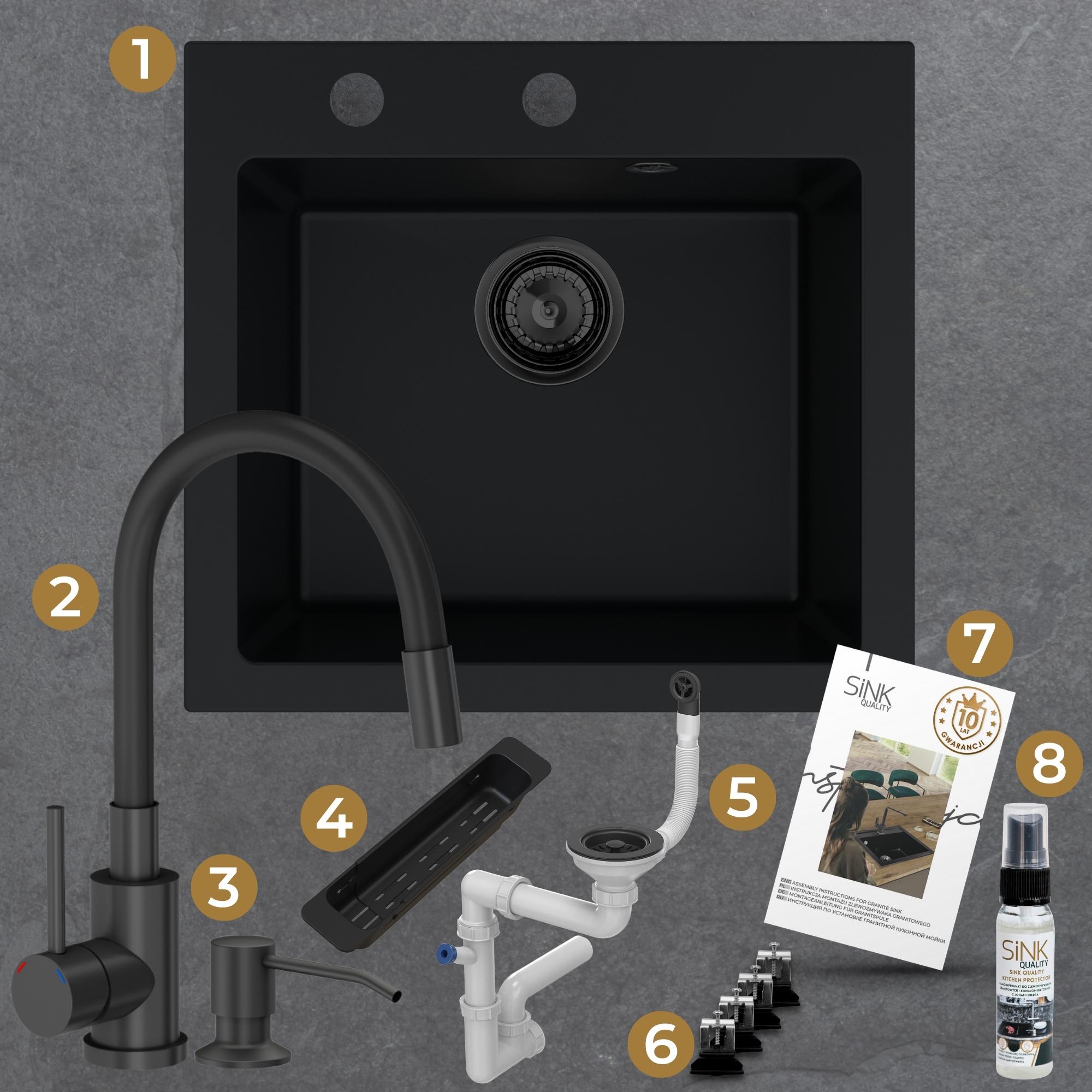 Zestaw gotowy do montażu - zlew, bateria, dozownik, mata, syfon, zaczepy, instrukcja, gwarancja, impregnat